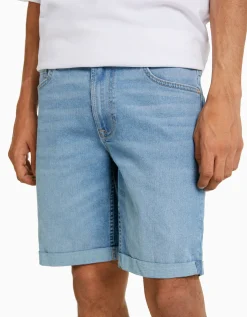 BERSHKA Bermuda denim skinny retroussé Bleu Store