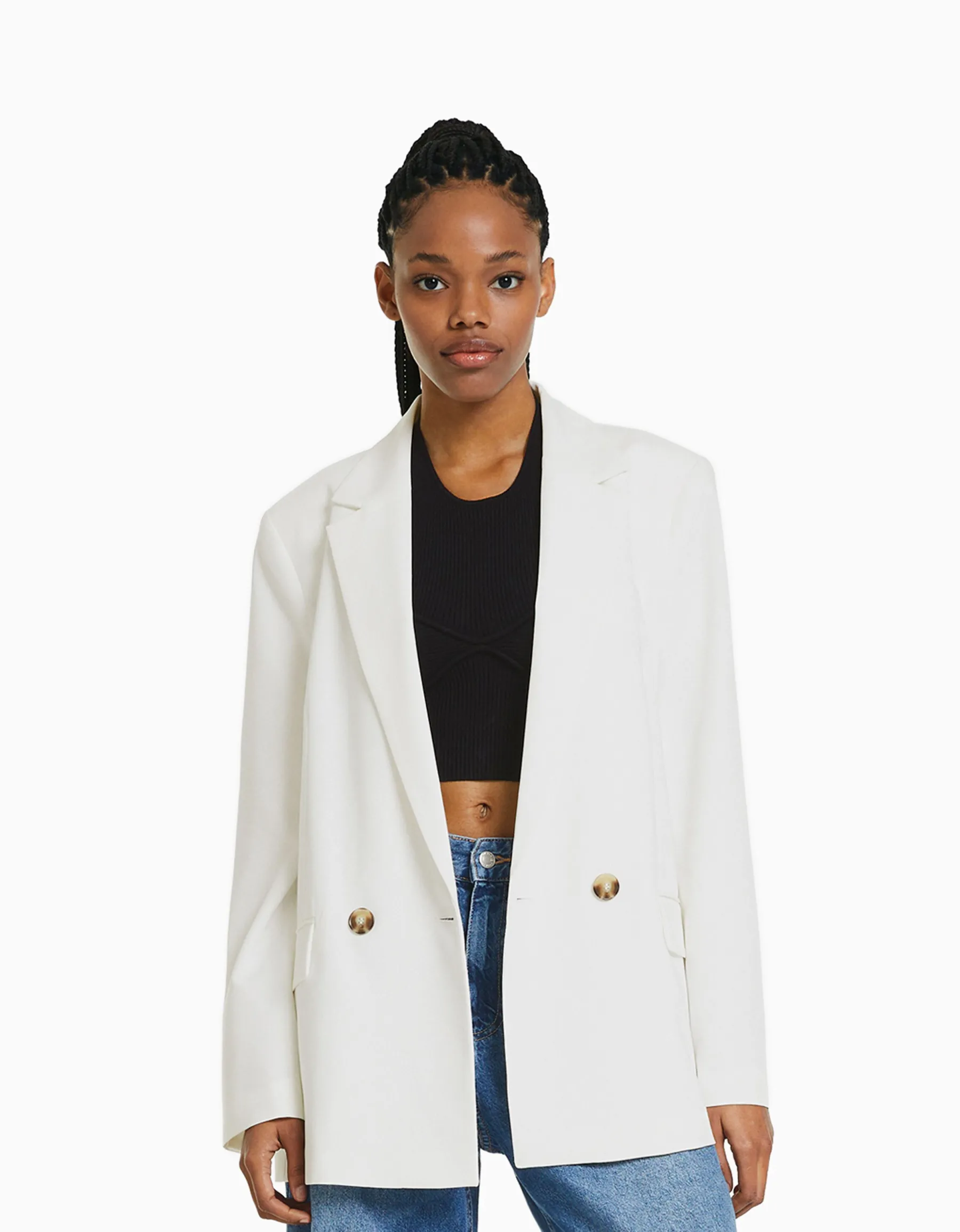 BERSHKA Blazer tailoring croisé regular fit coupe féminine Sable Discount