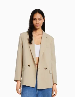 BERSHKA Blazer tailoring croisé regular fit coupe féminine Sable Sale
