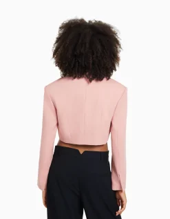BERSHKA Blazer tailoring cropped serge Rose Hot