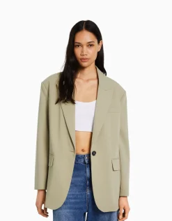 BERSHKA Blazer tailoring oversize coupe masculine Kaki Fashion