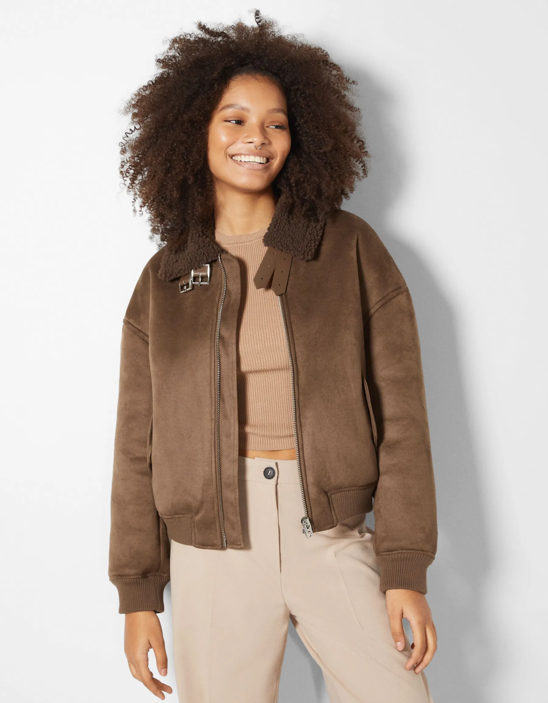 BERSHKA Blouson aviateur double face Marron Hot