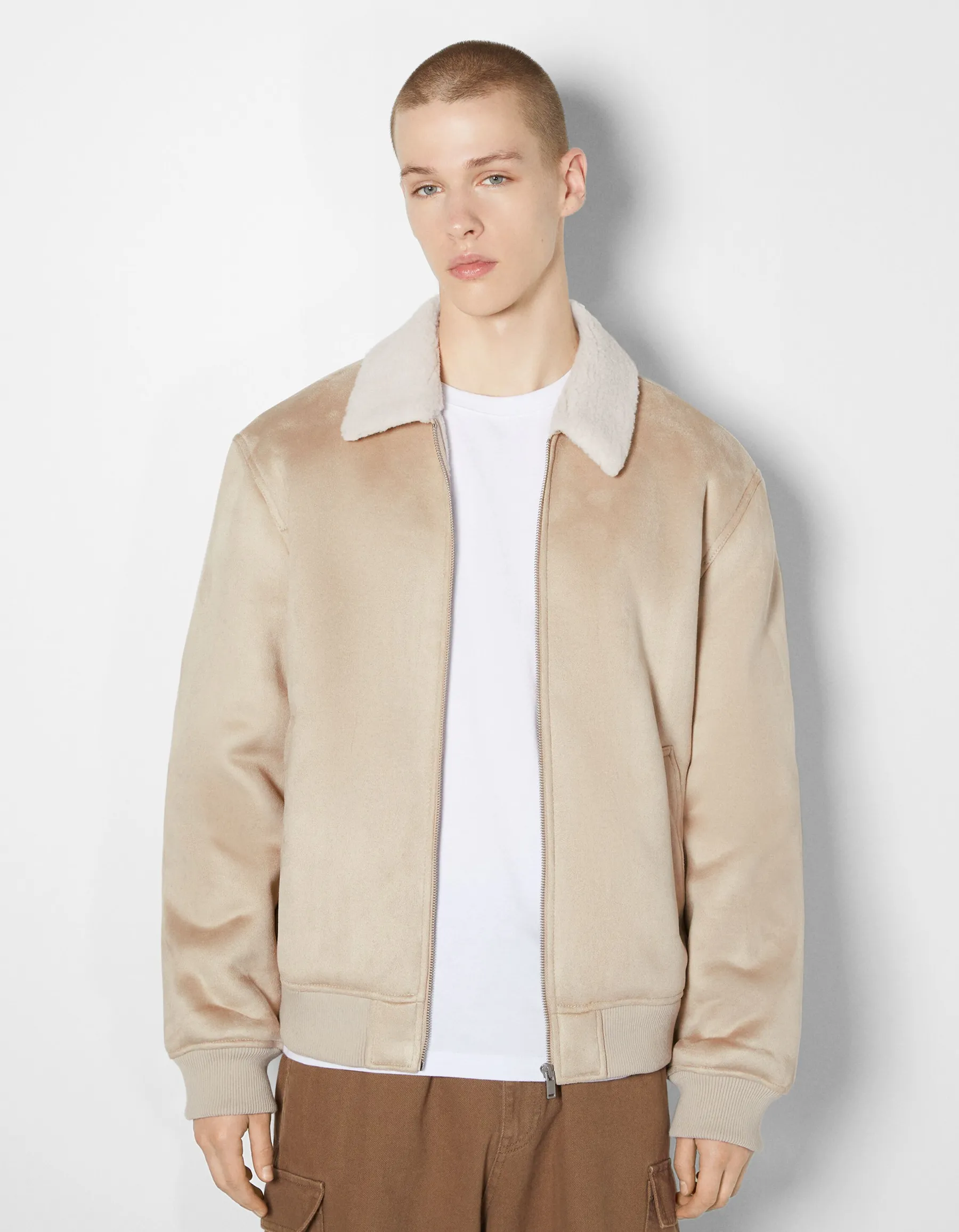 BERSHKA Blouson aviateur suédine Écru Hot