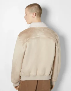BERSHKA Blouson aviateur suédine Écru Hot