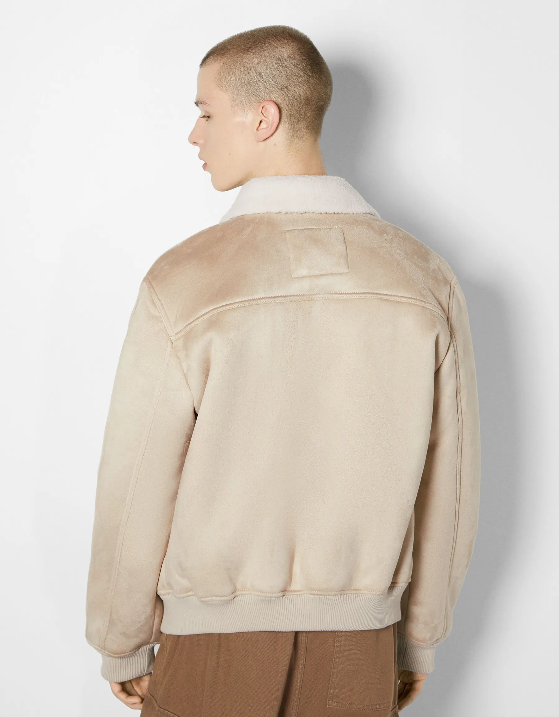 BERSHKA Blouson aviateur suédine Écru Hot