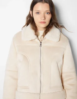BERSHKA Blouson biker cropped double face suédine Blanc cassé Discount