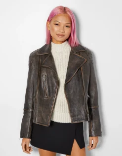 BERSHKA Blouson biker cuir effet usé Noir Best Sale