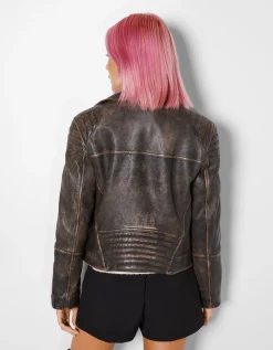 BERSHKA Blouson biker cuir effet usé Noir Best Sale