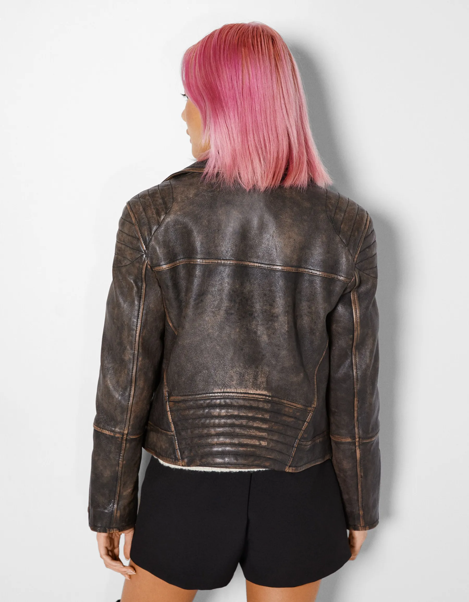 BERSHKA Blouson biker cuir effet usé Noir Best Sale