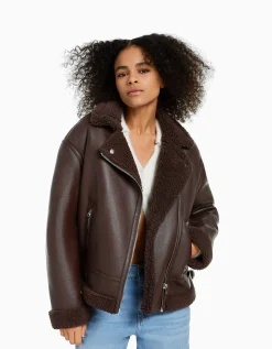 BERSHKA Blouson biker double face similicuir Marron Store