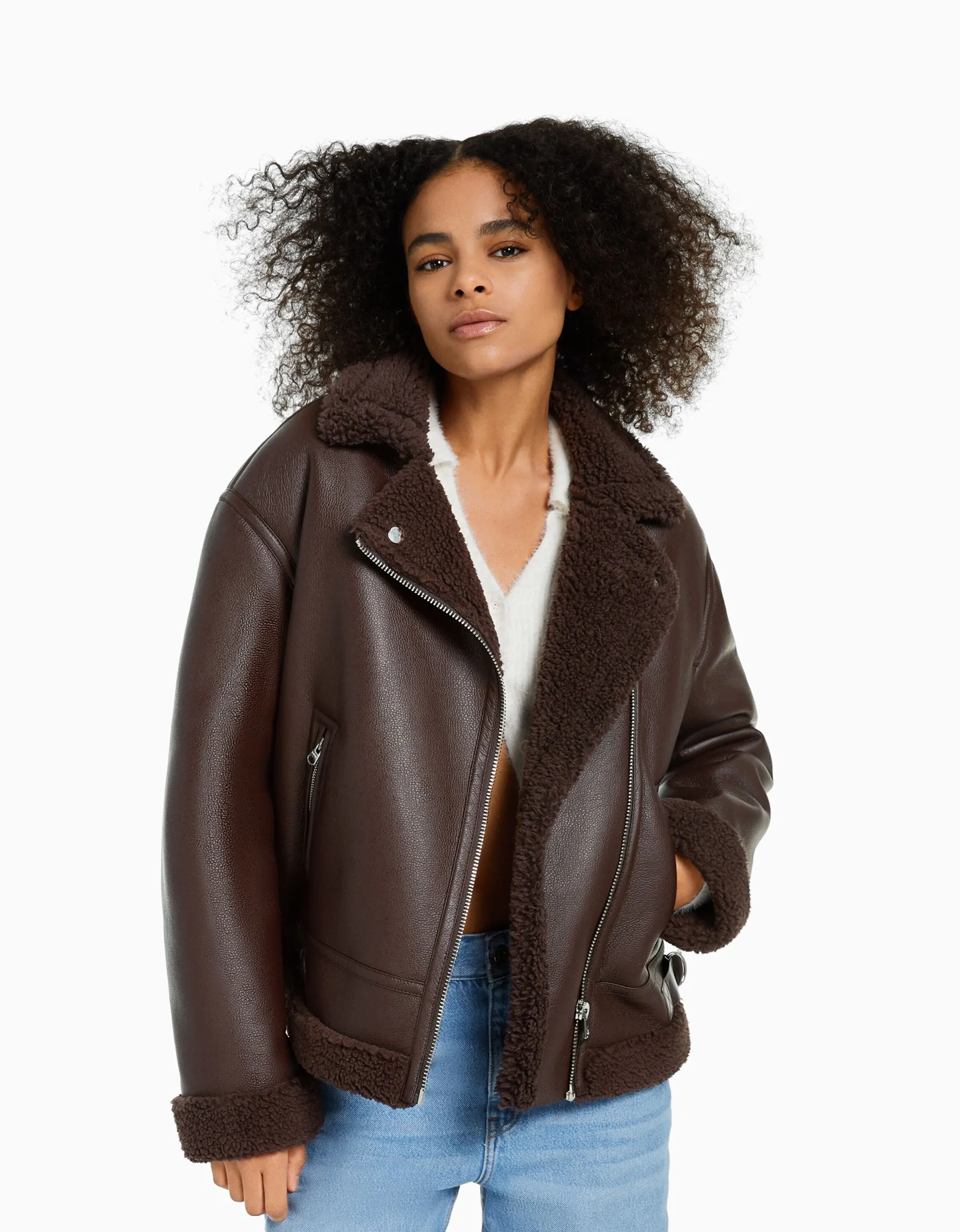 BERSHKA Blouson biker double face similicuir Marron Store