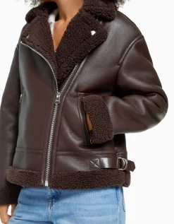 BERSHKA Blouson biker double face similicuir Marron Store