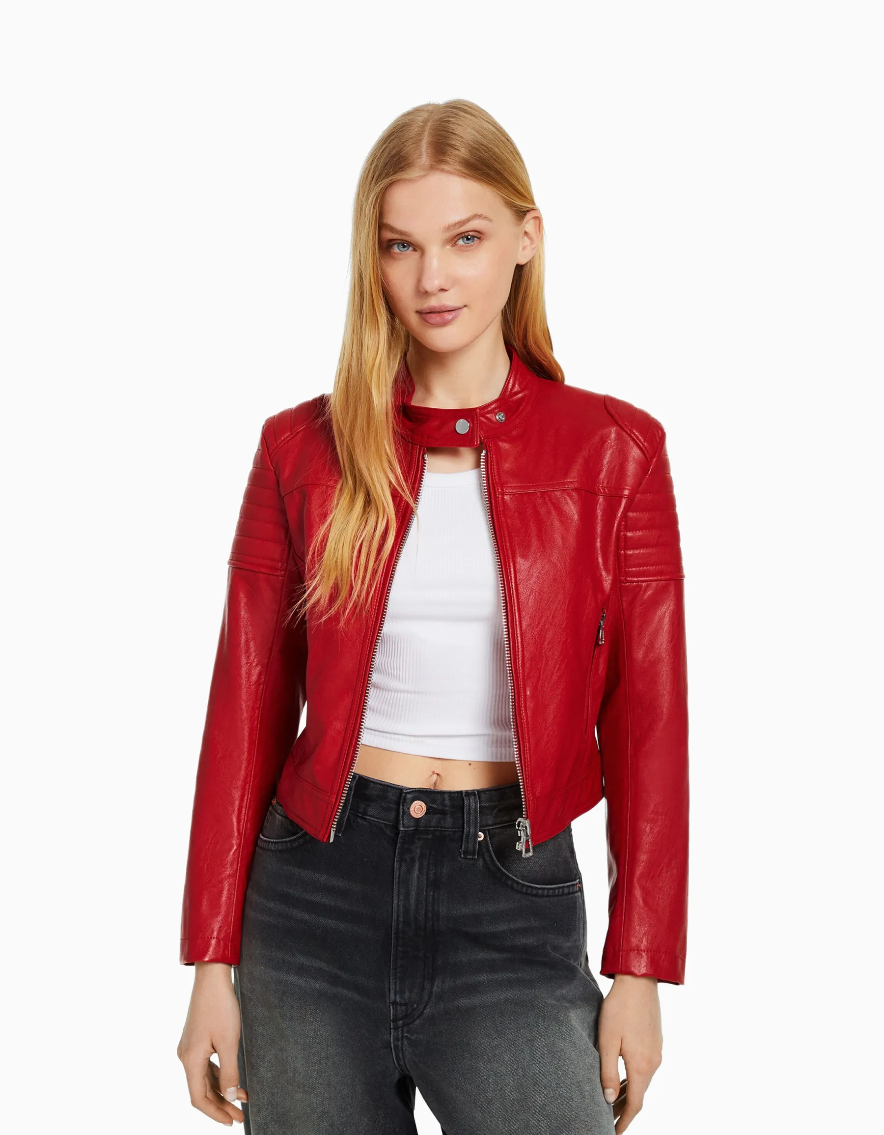 BERSHKA Blouson biker racing similicuir Noir Store