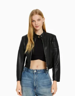 BERSHKA Blouson biker racing similicuir Noir Sale
