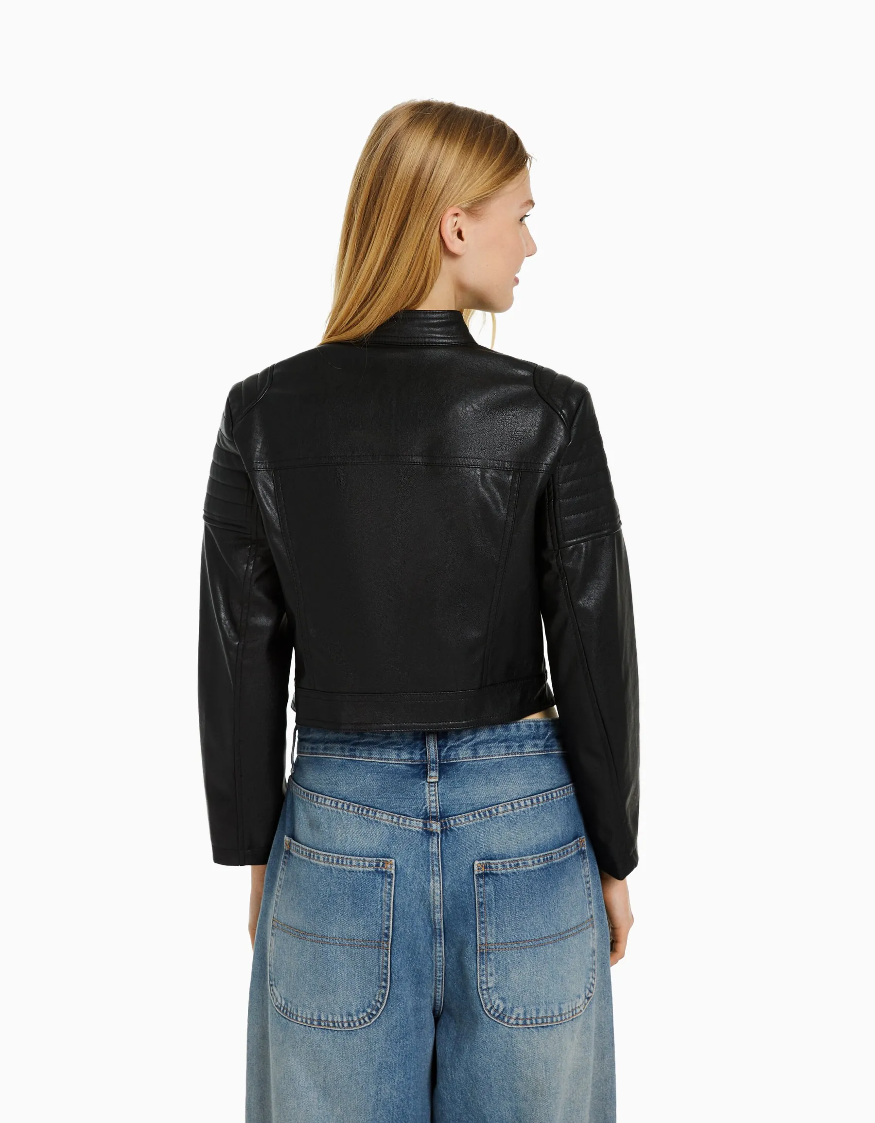 BERSHKA Blouson biker racing similicuir Noir Sale