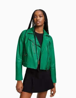 BERSHKA Blouson biker similicuir Vert Store