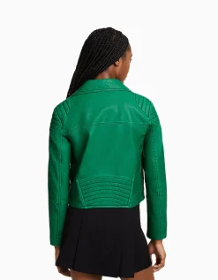 BERSHKA Blouson biker similicuir Vert Store