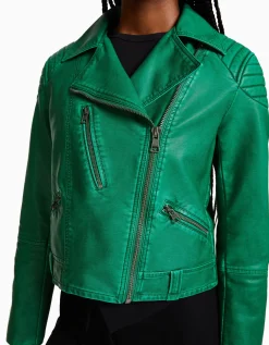 BERSHKA Blouson biker similicuir Vert Store