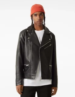 BERSHKA Blouson biker similicuir Noir Best