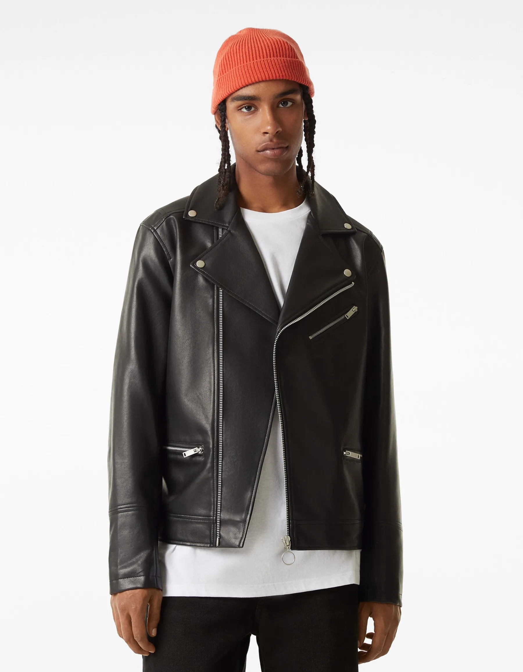BERSHKA Blouson biker similicuir Noir Best