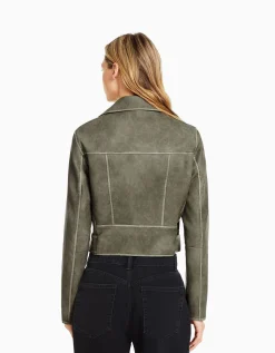 BERSHKA Blouson biker similicuir effet usé ceinture Gris Outlet
