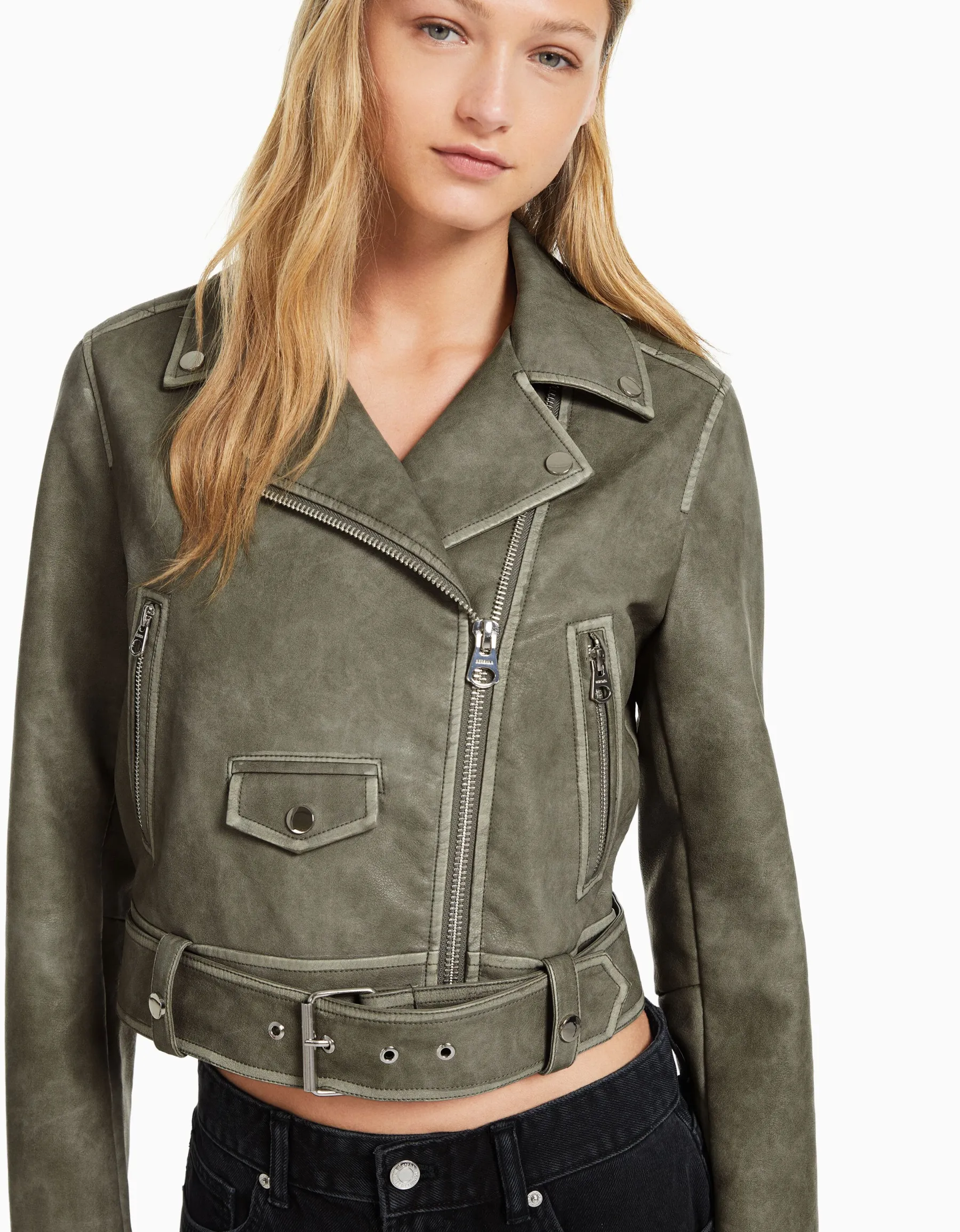 BERSHKA Blouson biker similicuir effet usé ceinture Gris Outlet