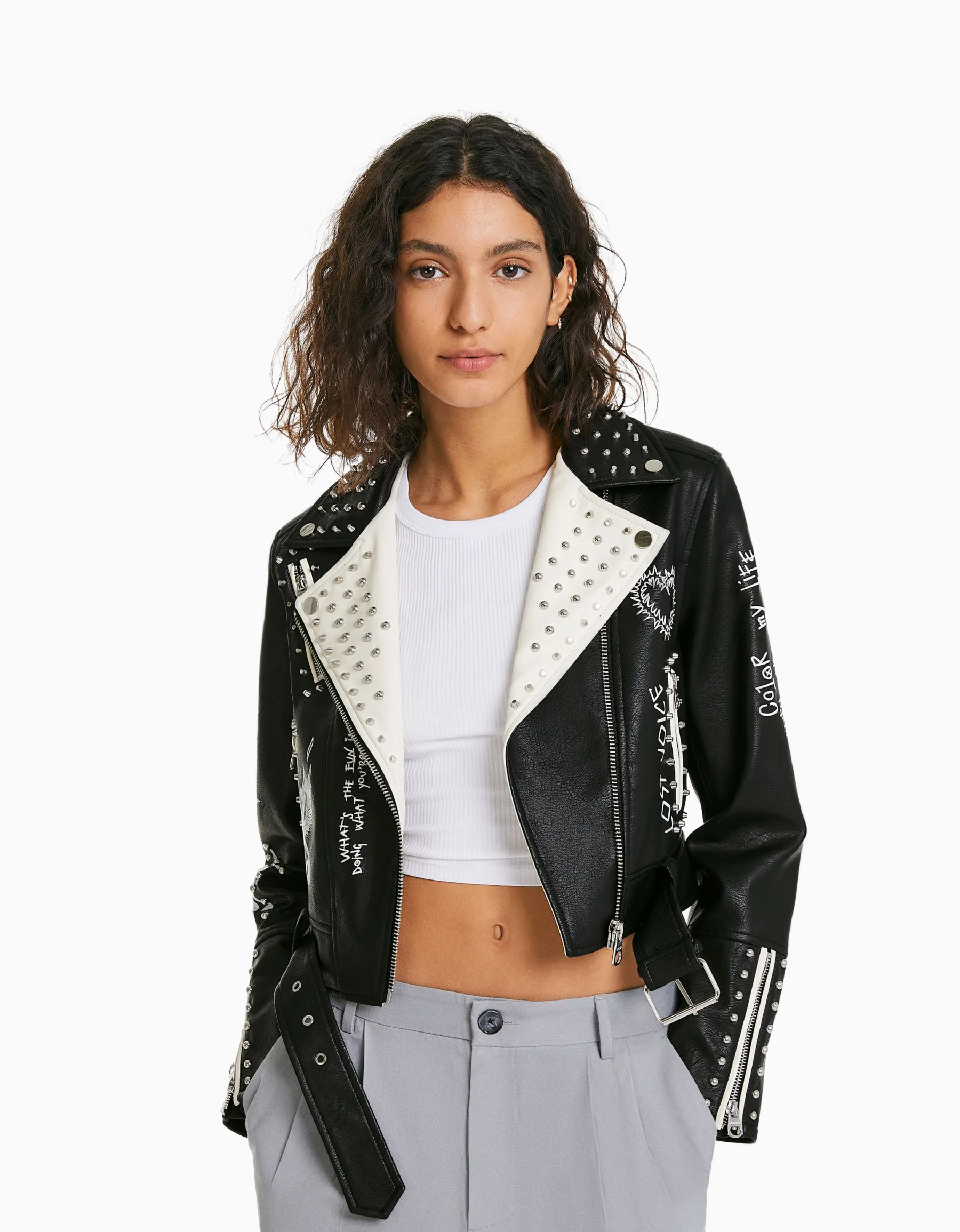 BERSHKA Blouson biker similicuir clous Noir Best Sale