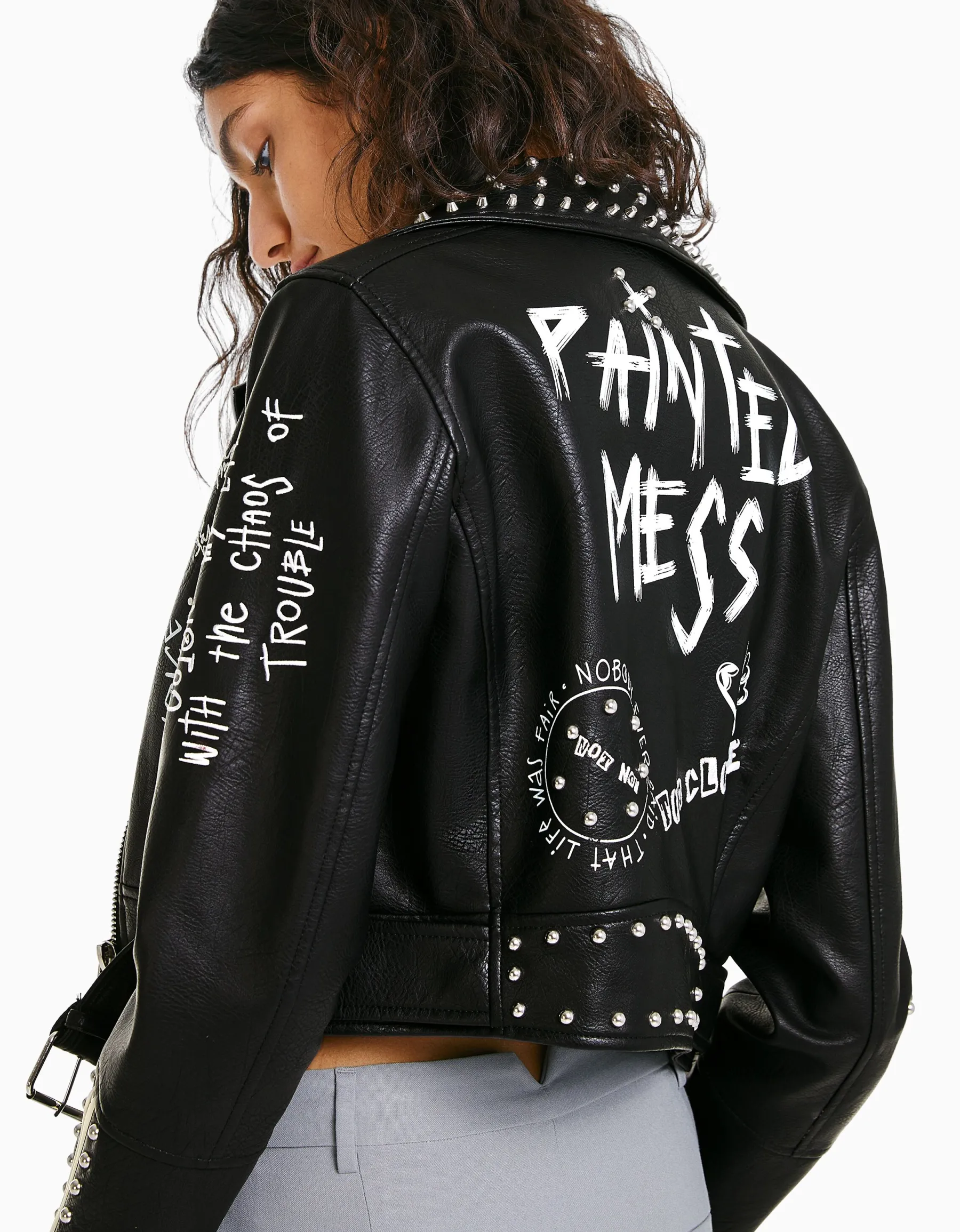 BERSHKA Blouson biker similicuir clous Noir Best Sale