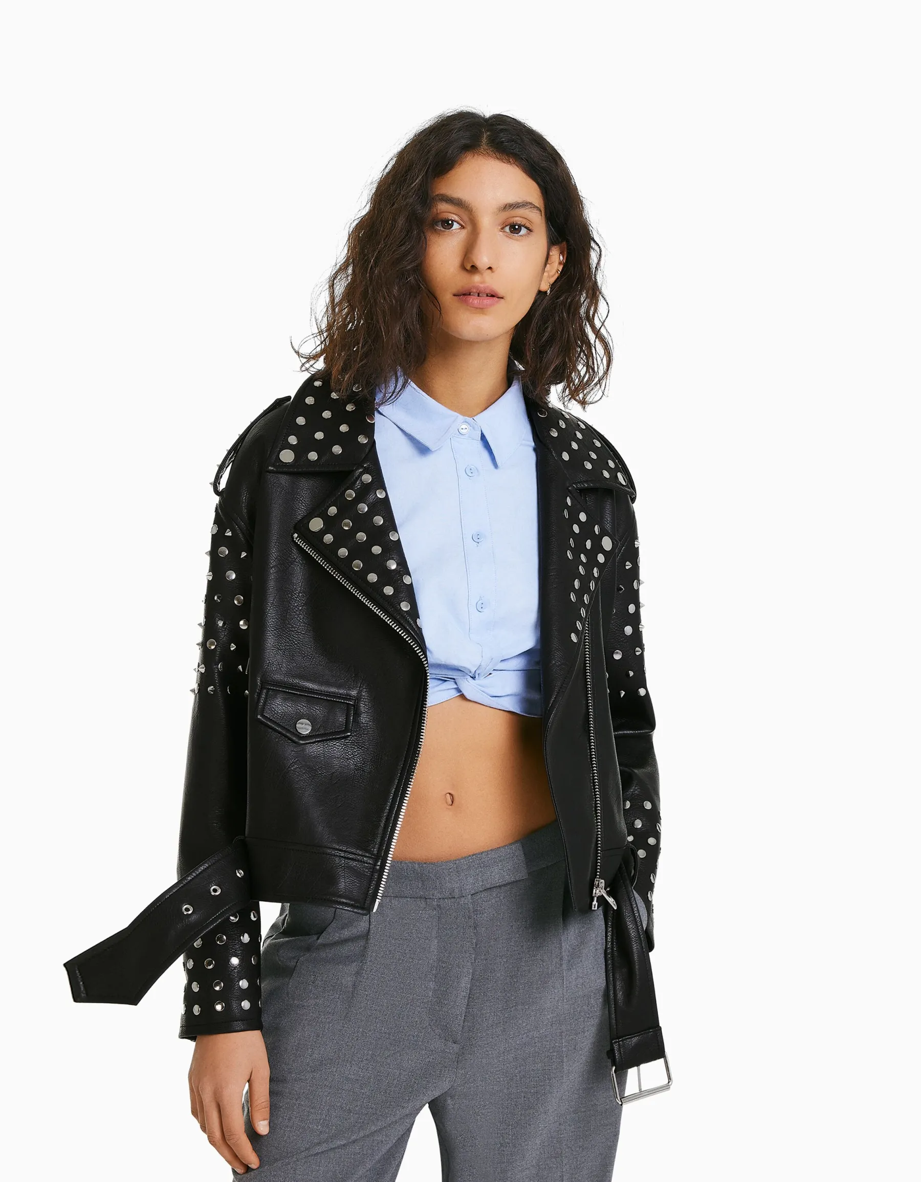 BERSHKA Blouson biker similicuir oversize clouté Noir Flash Sale