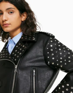 BERSHKA Blouson biker similicuir oversize clouté Noir Flash Sale