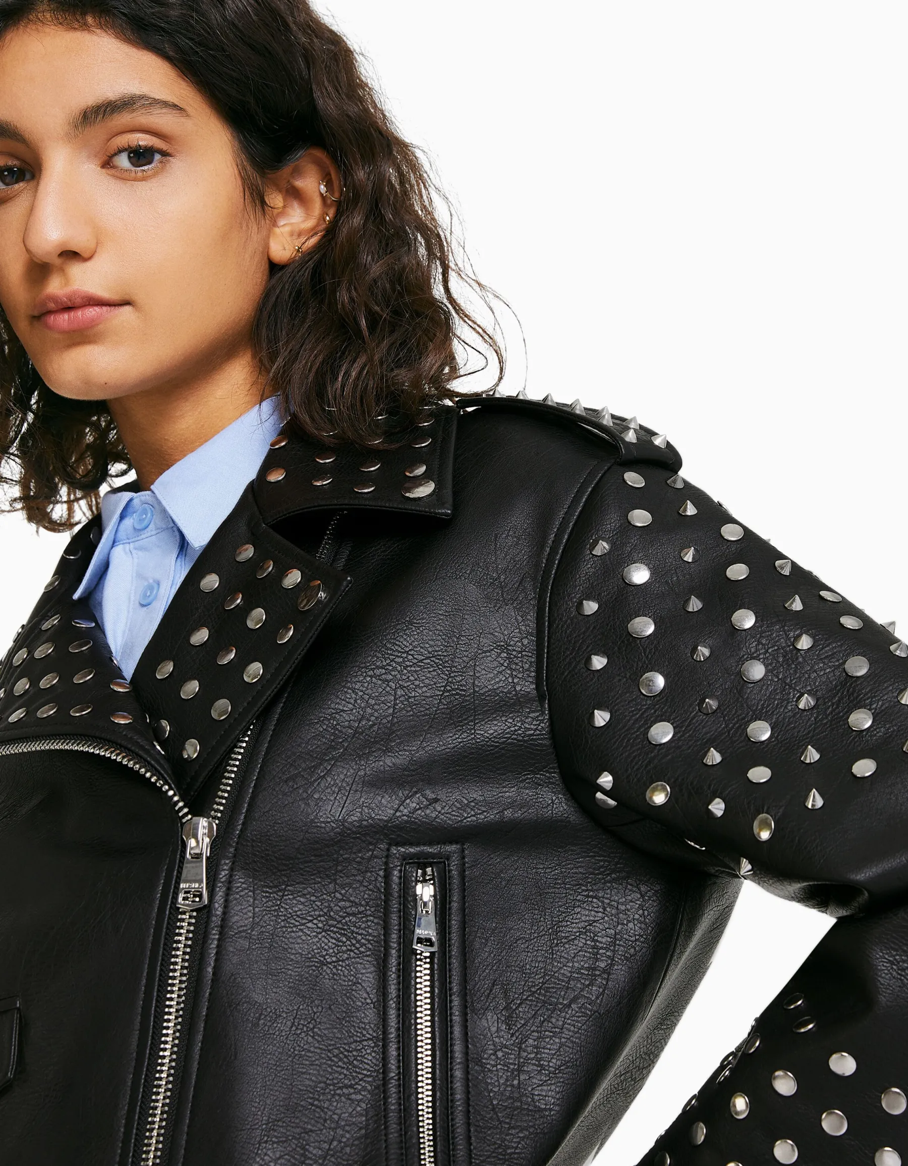 BERSHKA Blouson biker similicuir oversize clouté Noir Flash Sale