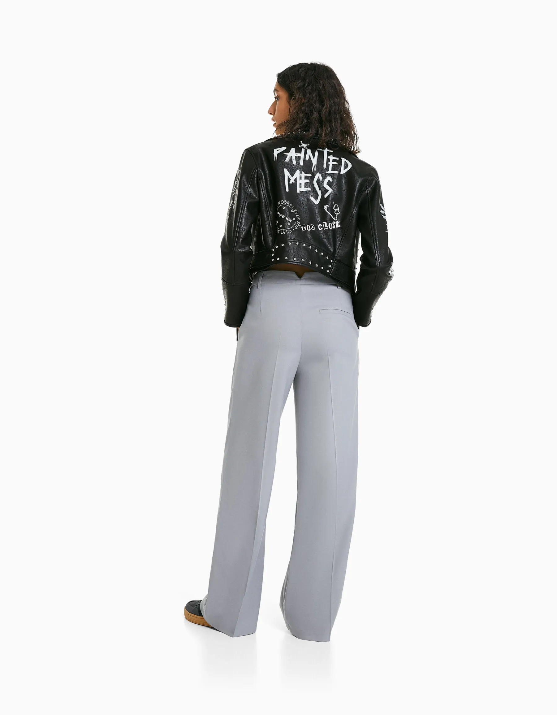 BERSHKA Blouson biker similicuir clous Noir Cheap