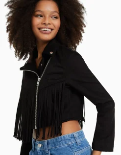 BERSHKA Blouson biker suédine effrangé Noir Shop