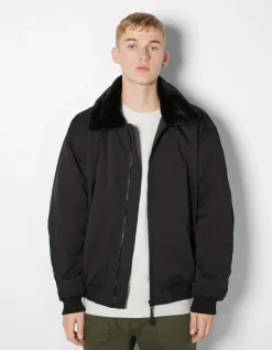 BERSHKA Blouson bomber col fourrure Noir Sale