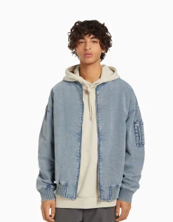 BERSHKA Blouson bomber coton Bleu clair Sale