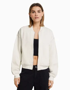BERSHKA Blouson bomber denim fil contraste Blanc cassé Sale