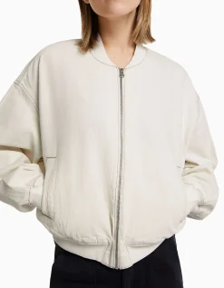 BERSHKA Blouson bomber denim fil contraste Blanc cassé Sale