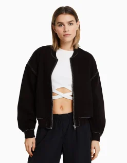 BERSHKA Blouson bomber denim fil contraste Blanc cassé Flash Sale