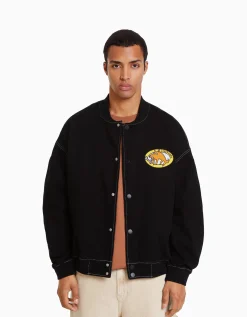 BERSHKA Blouson bomber denim fil contraste Noir Best