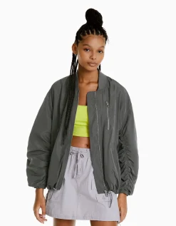 BERSHKA Blouson bomber effet nylon Gris Online