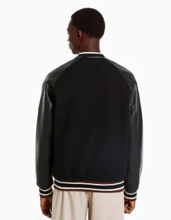 BERSHKA Blouson bomber mélange de laine similicuir Noir Hot