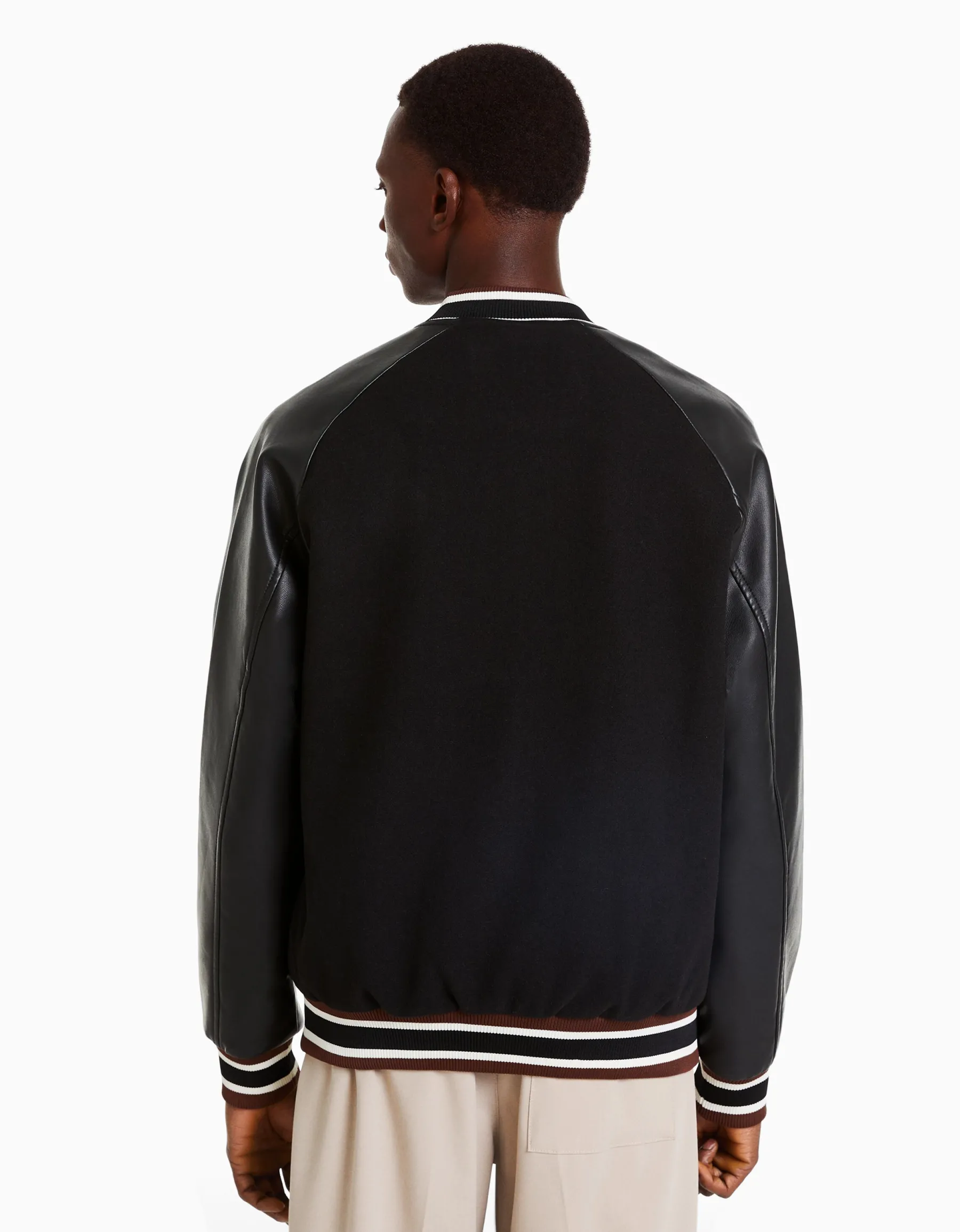 BERSHKA Blouson bomber mélange de laine similicuir Noir Hot