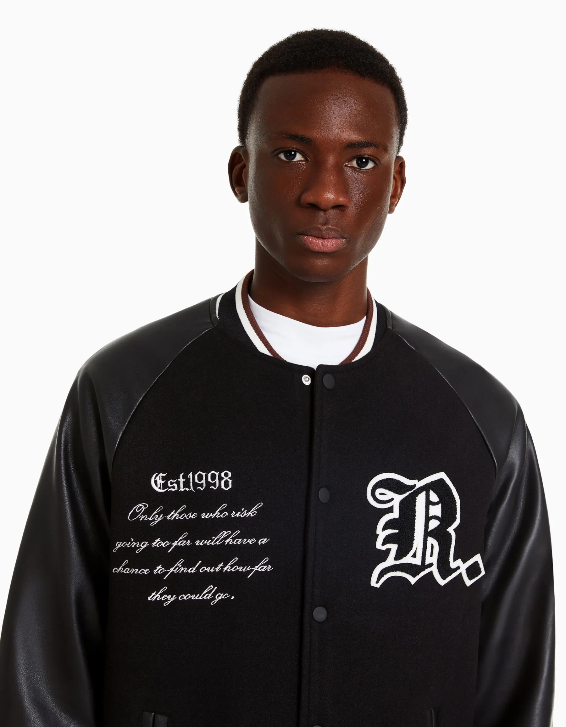 BERSHKA Blouson bomber mélange de laine similicuir Noir Hot