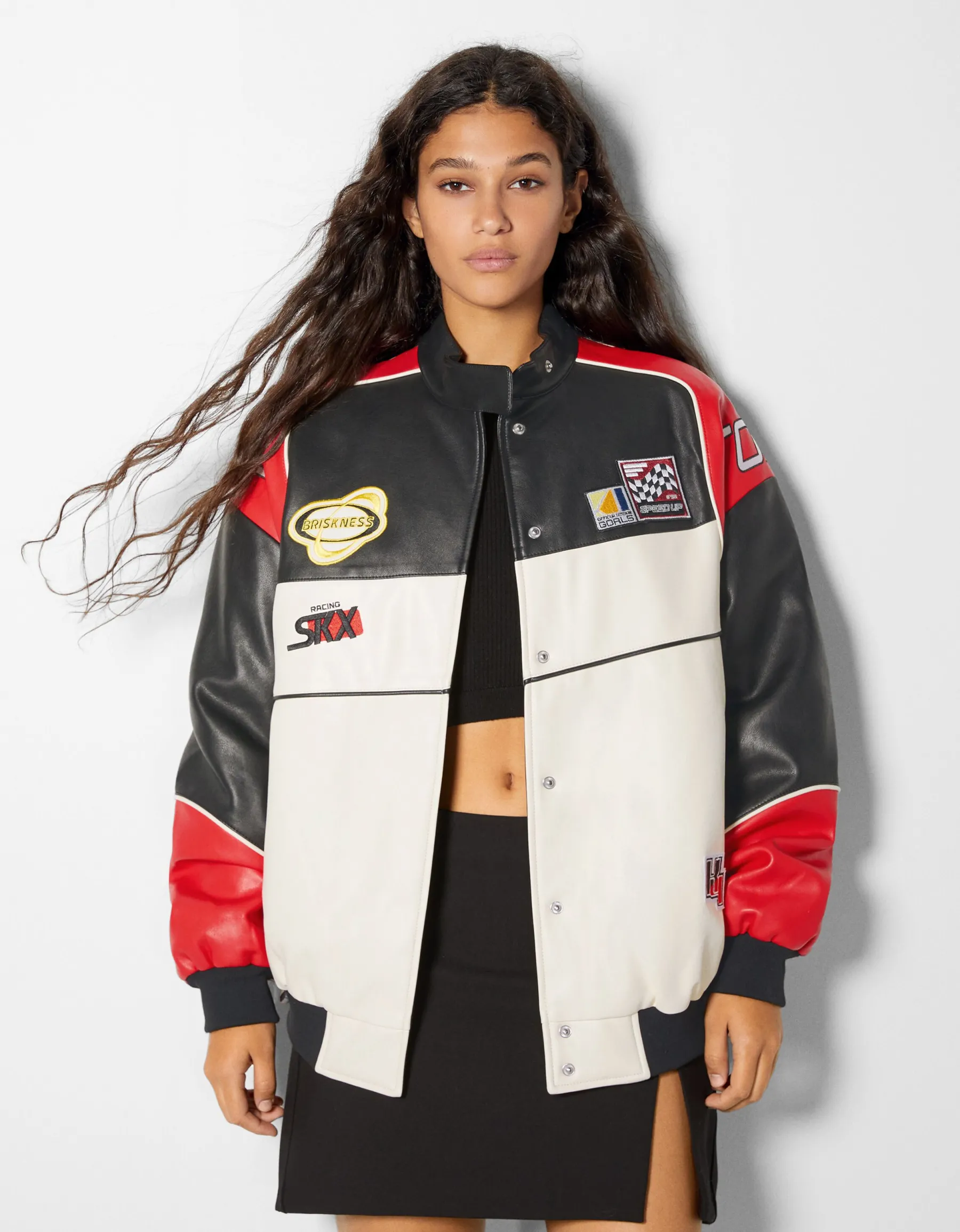 BERSHKA Blouson bomber similicuir racing Rouge Cheap