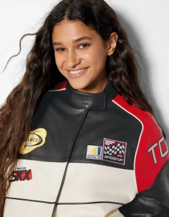 BERSHKA Blouson bomber similicuir racing Rouge Cheap
