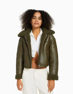 BERSHKA Blouson court double face similicuir Kaki Discount