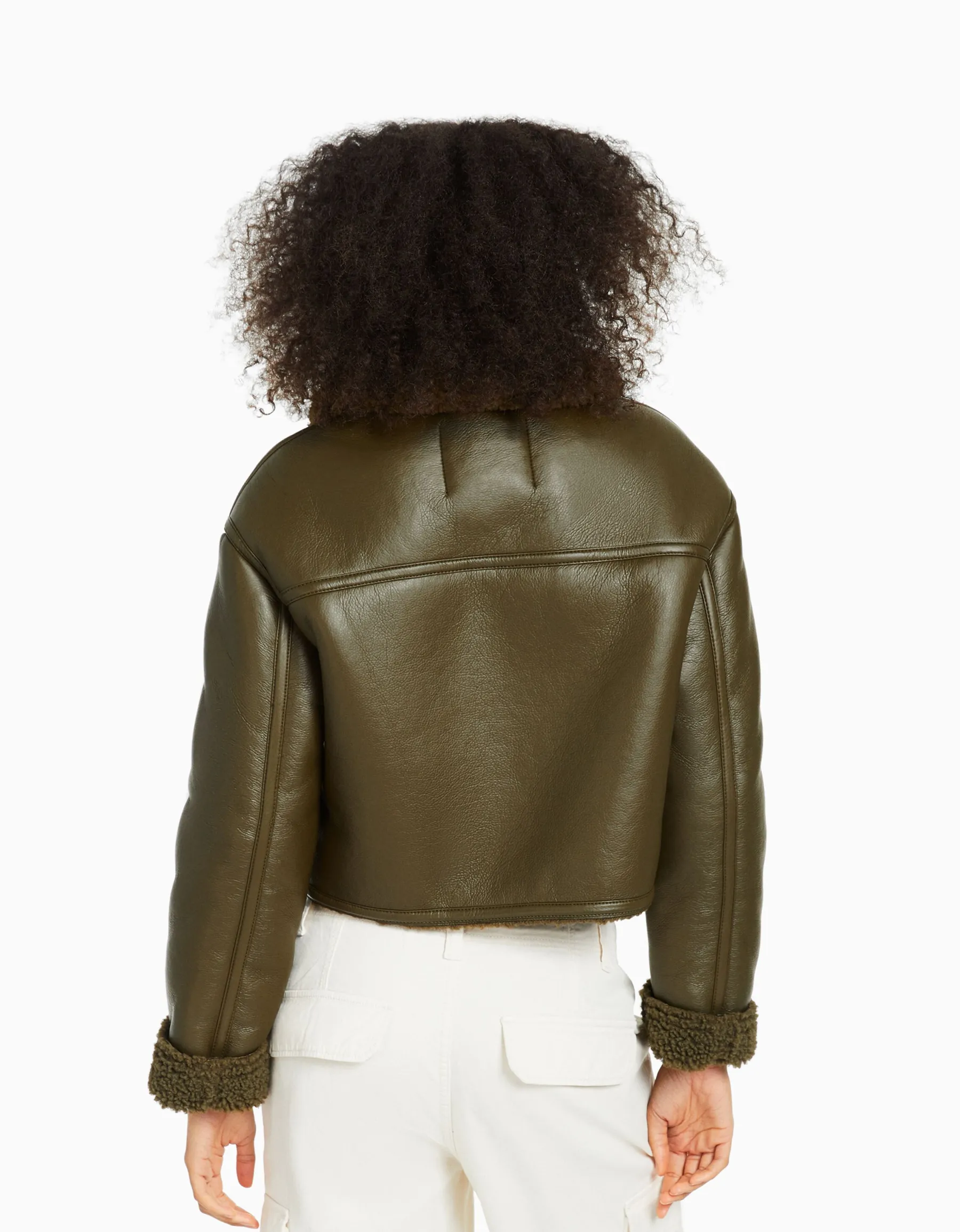 BERSHKA Blouson court double face similicuir Kaki Discount