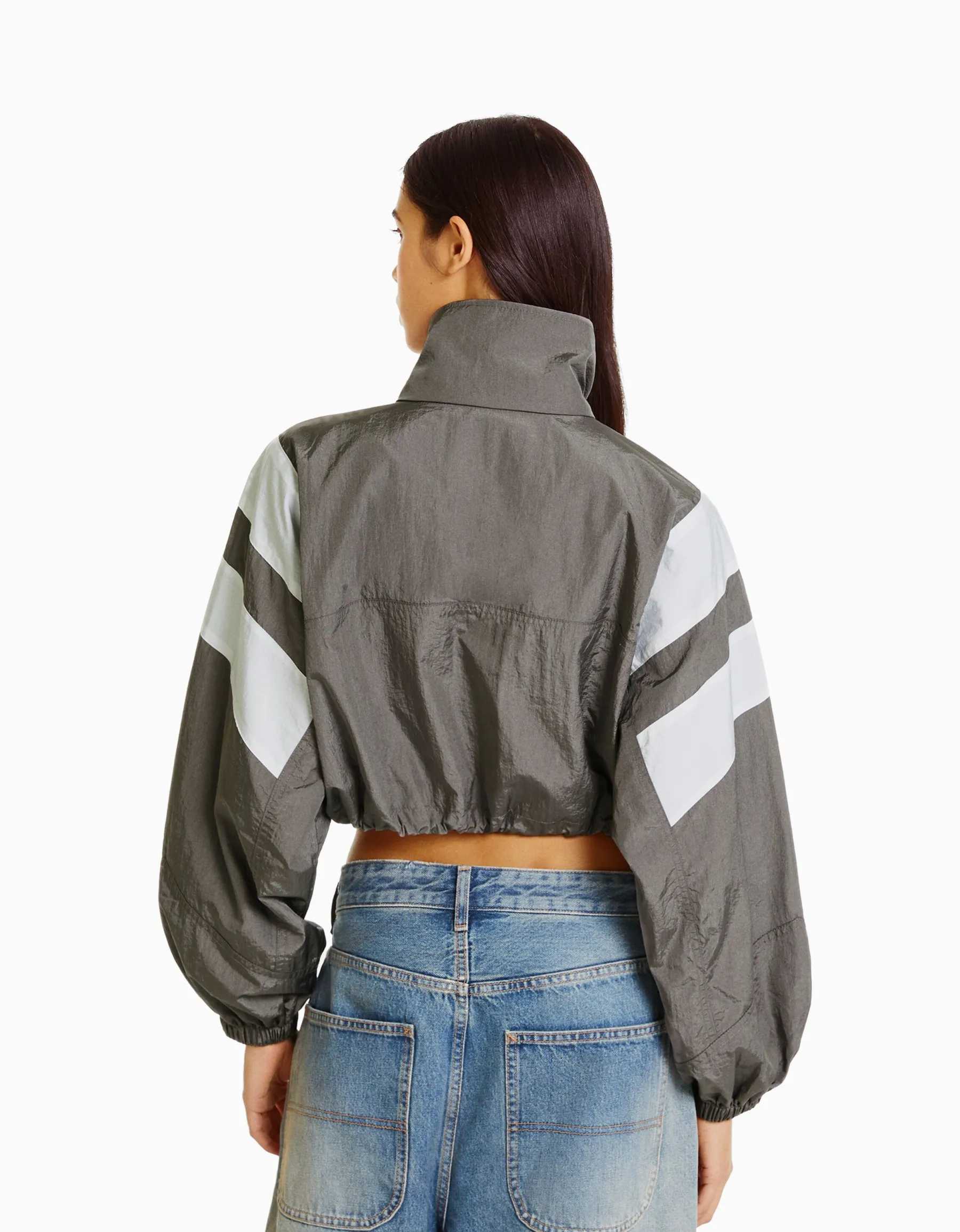 BERSHKA Blouson cropped effet nylon color block Vert Flash Sale