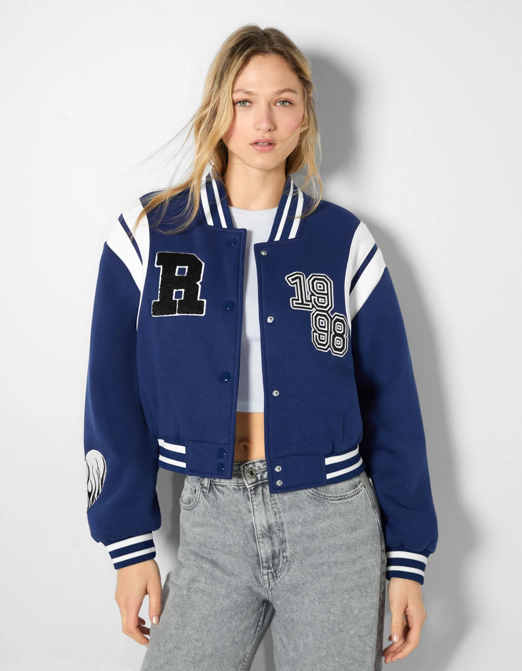 BERSHKA Blouson cropped varsity Violet Flash Sale