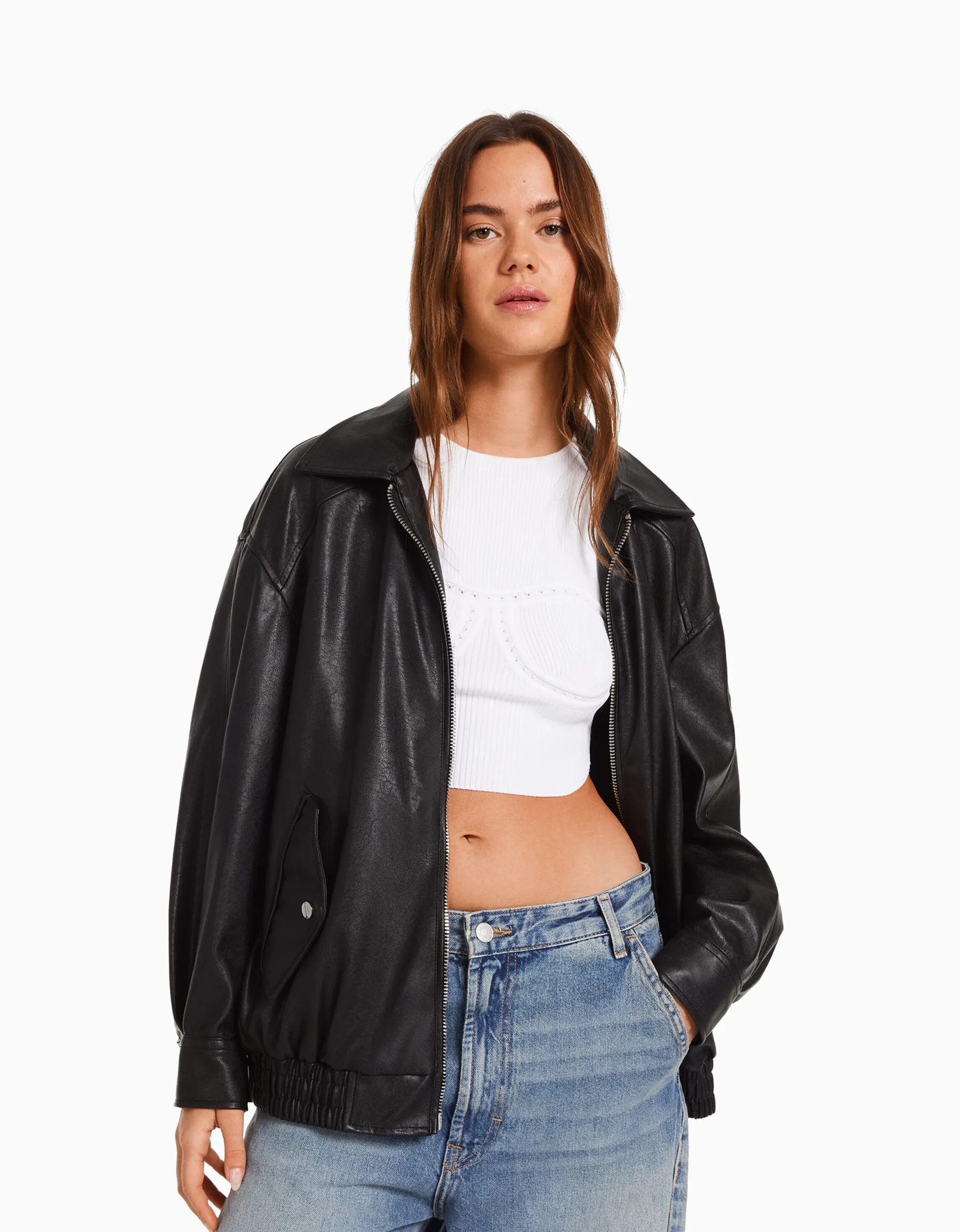 BERSHKA Blouson dad fit similicuir Noir Fashion